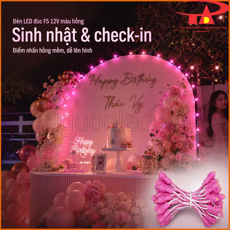 Đèn LED đúc F5 12V màu hồng trang trí backdrop sinh nhật và khu check-in