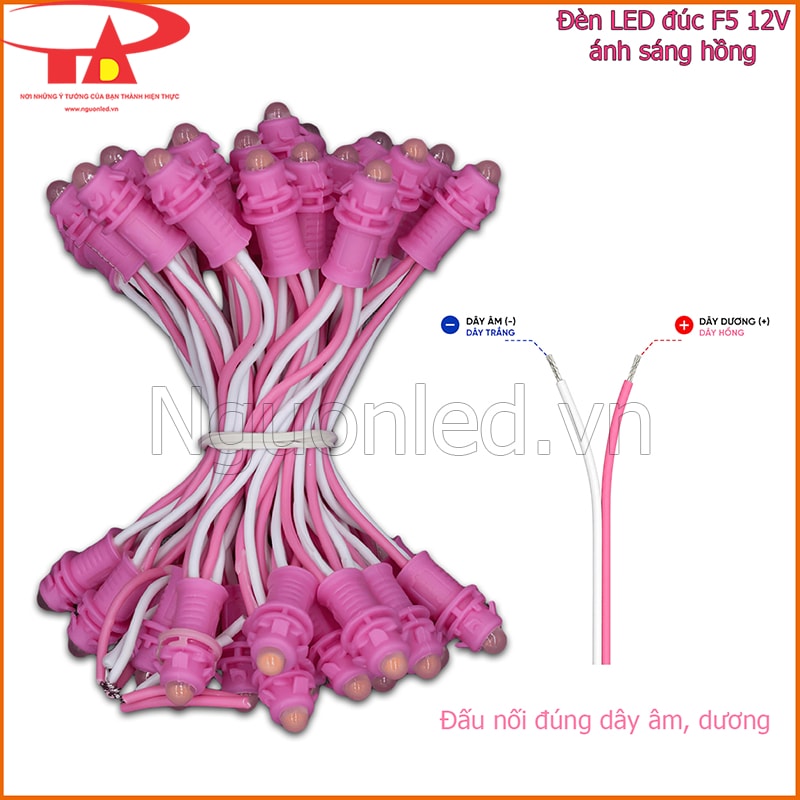 Đèn LED đúc F5 12V màu hồng với dây âm màu trắng và dây dương màu hồng