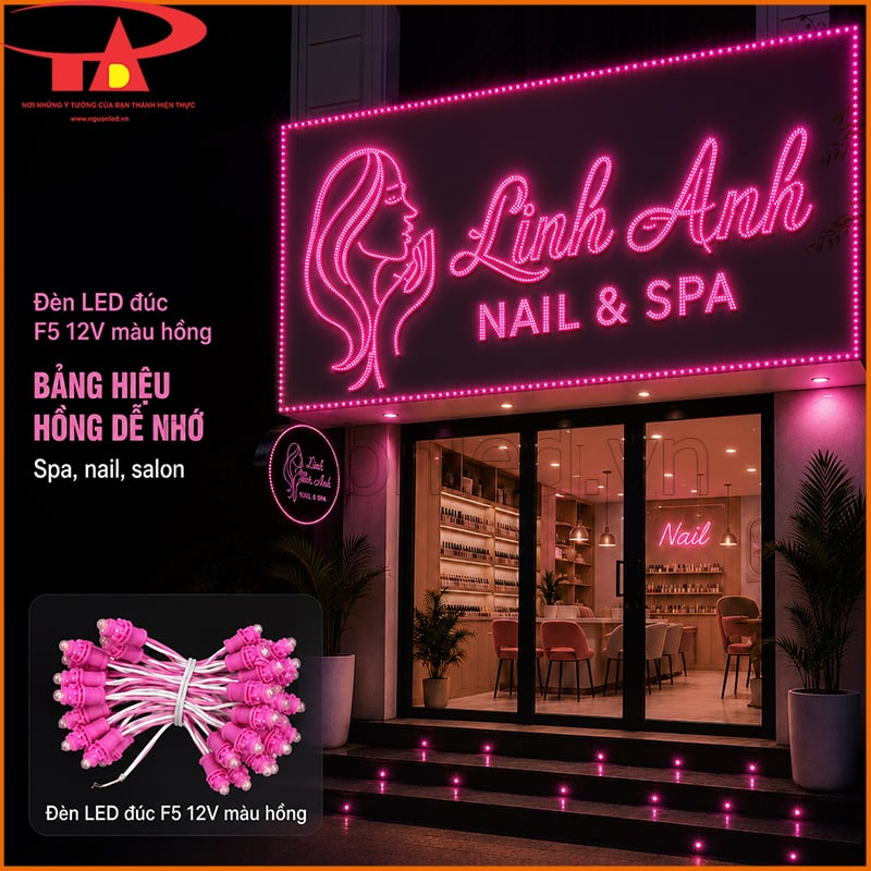 Đèn LED đúc F5 12V màu hồng làm bảng hiệu chữ nổi nail và spa