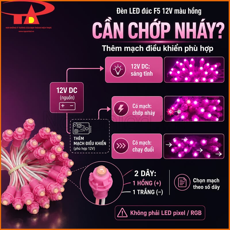 Đèn LED đúc F5 12V màu hồng sáng tĩnh, muốn chớp cần thêm mạch điều khiển