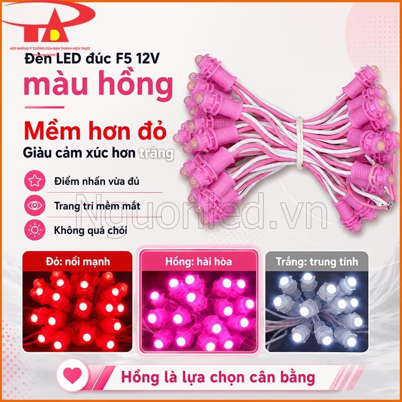 Đèn LED đúc F5 12V màu hồng so sánh với ánh đỏ và ánh trắng