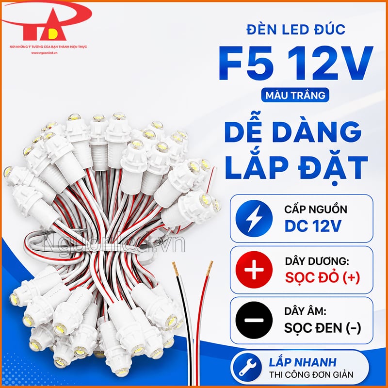 Đèn LED đúc F5 12V màu trắng dễ lắp đặt với nguồn DC 12V và dây sọc đỏ, sọc đen