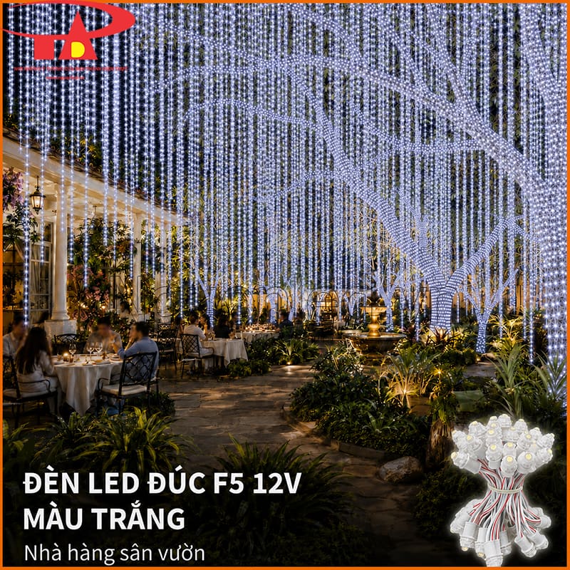 Dây LED đúc F5 12V màu trắng trang trí cây và khu bàn ăn nhà hàng sân vườn