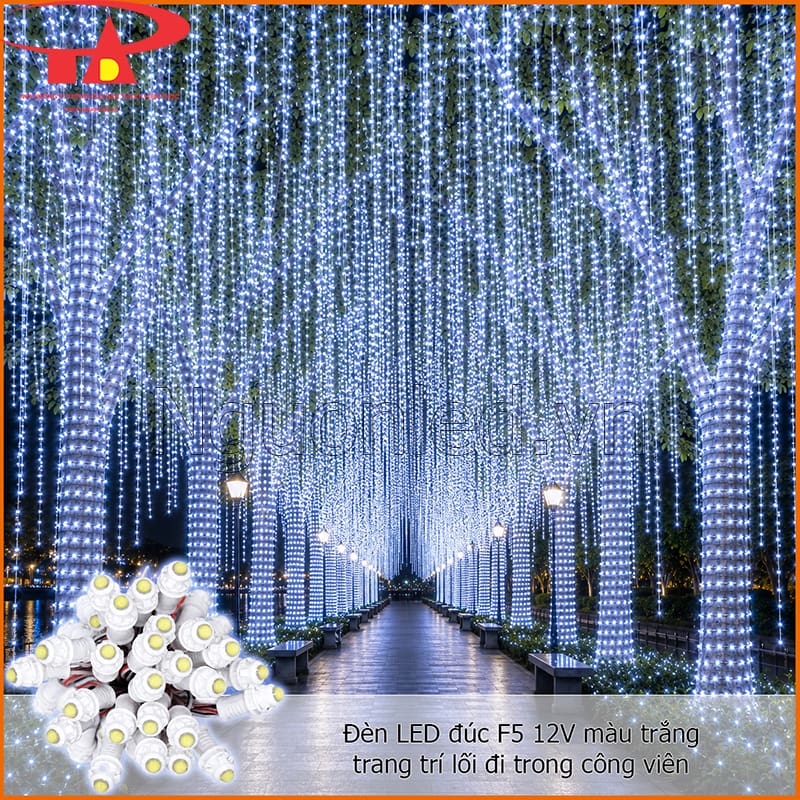 Đèn LED đúc F5 12V màu trắng trang trí lối đi công viên với hàng cây sáng rực