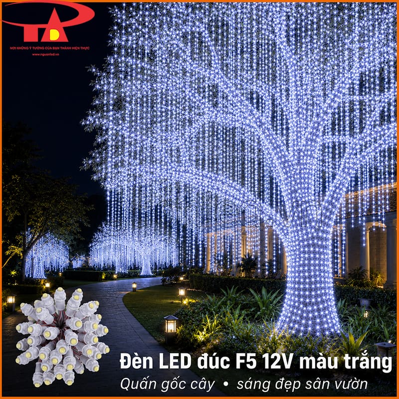LED đúc F5 quấn cây màu trắng trang trí gốc cây và lối dạo trong khuôn viên 