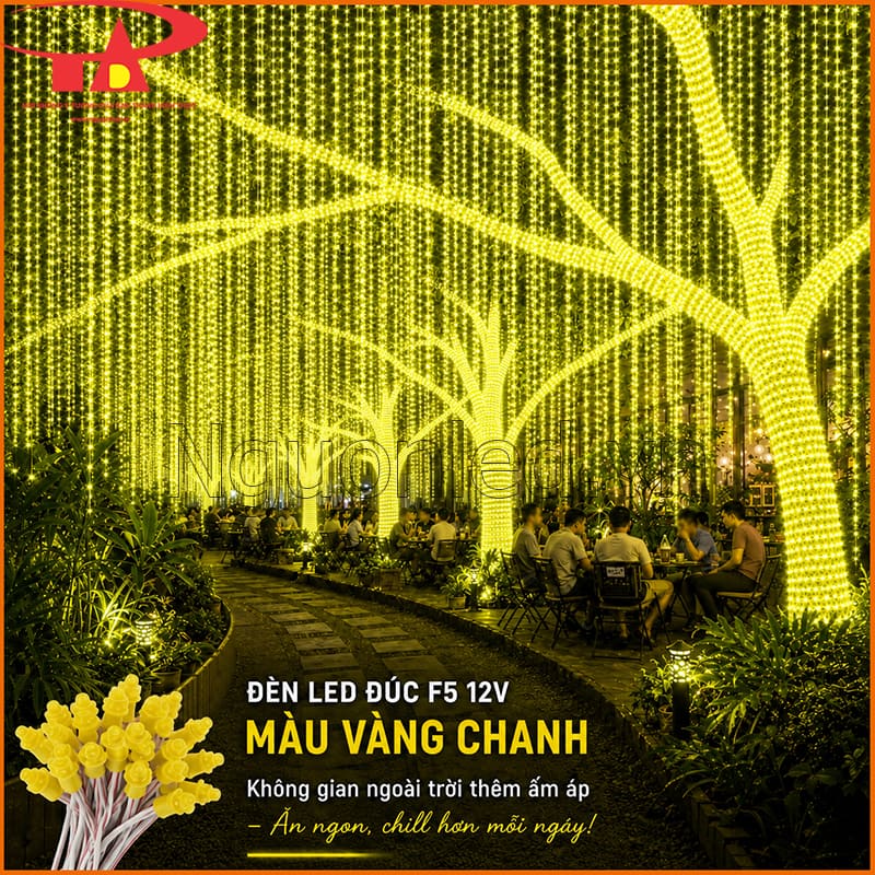 Đèn LED đúc F5 12V màu vàng chanh trang trí quán cà phê sân vườn ban đêm