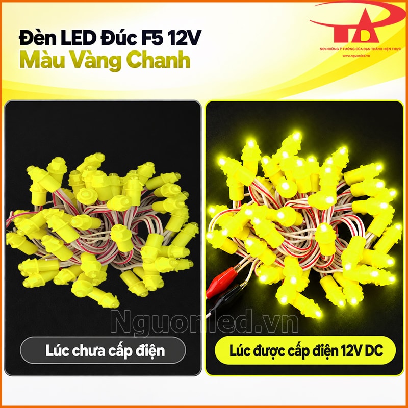 Led đúc F5 12V DC màu vàng chanh chưa sáng và đang sáng