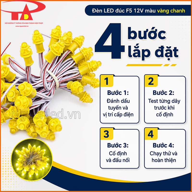 Đèn LED đúc F5 12V màu vàng chanh với hướng dẫn đánh dấu tuyến, test dây và đấu nối