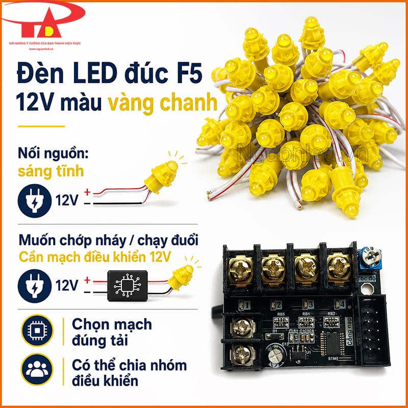 Đèn LED đúc F5 12V ánh sáng vàng chanh kết hợp mạch điều khiển 12V