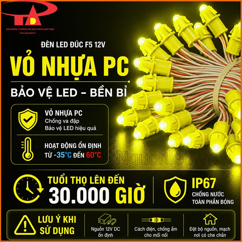 Bóng LED đúc F5 12V màu vàng chanh bằng nhựa PC với tuổi thọ 30.000 giờ