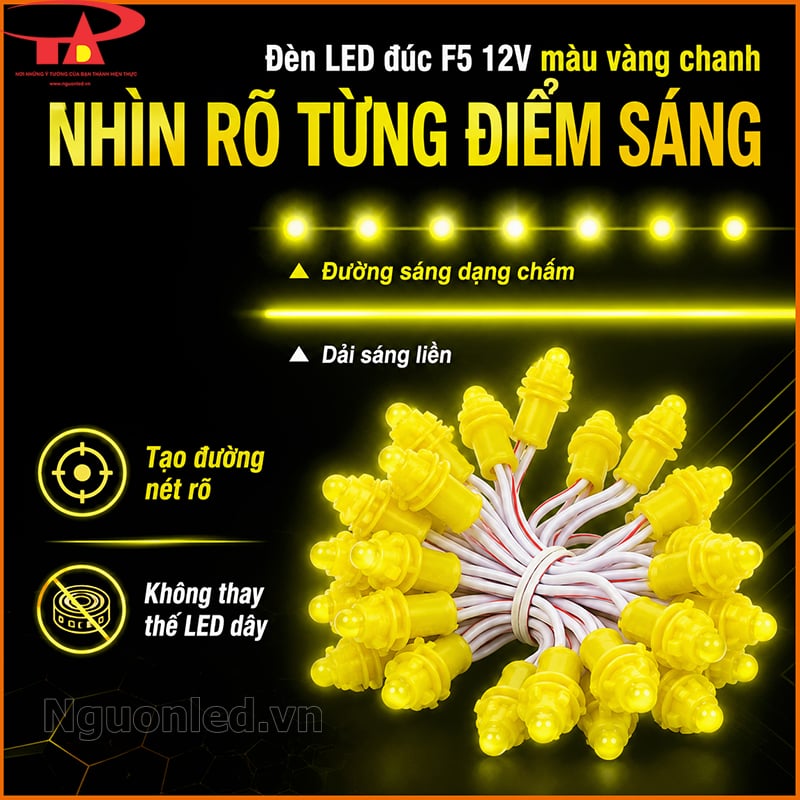 LED đúc F5 màu vàng chanh tạo đường sáng dạng chấm theo viền chữ, khung và mô hình