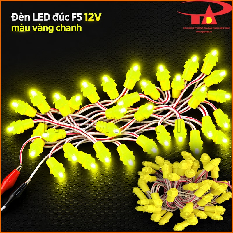 Cận cảnh dây đèn led đúc f5 12v vàng chanh phát sáng và bó led chưa sáng