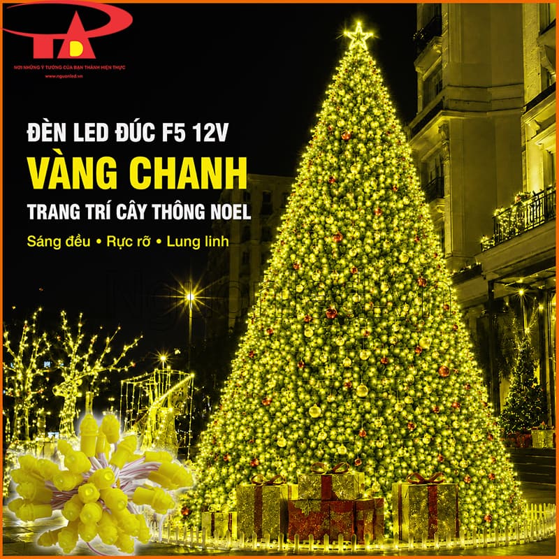 Đèn LED đúc F5 12V màu vàng chanh trang trí cây thông Noel trong không gian lễ hội