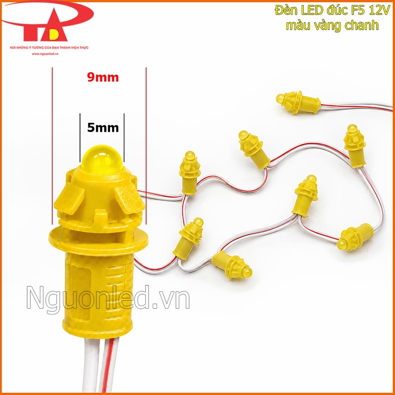 Bóng LED đúc F5 màu vàng chanh đầu 5mm, đế 9mm và dây 2 pin trên nền sáng
