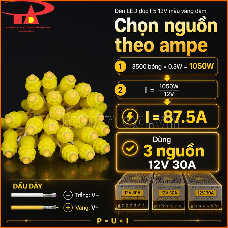 Đèn LED đúc F5 12V màu vàng đậm với công thức 1050W chia 12V bằng 87.5A