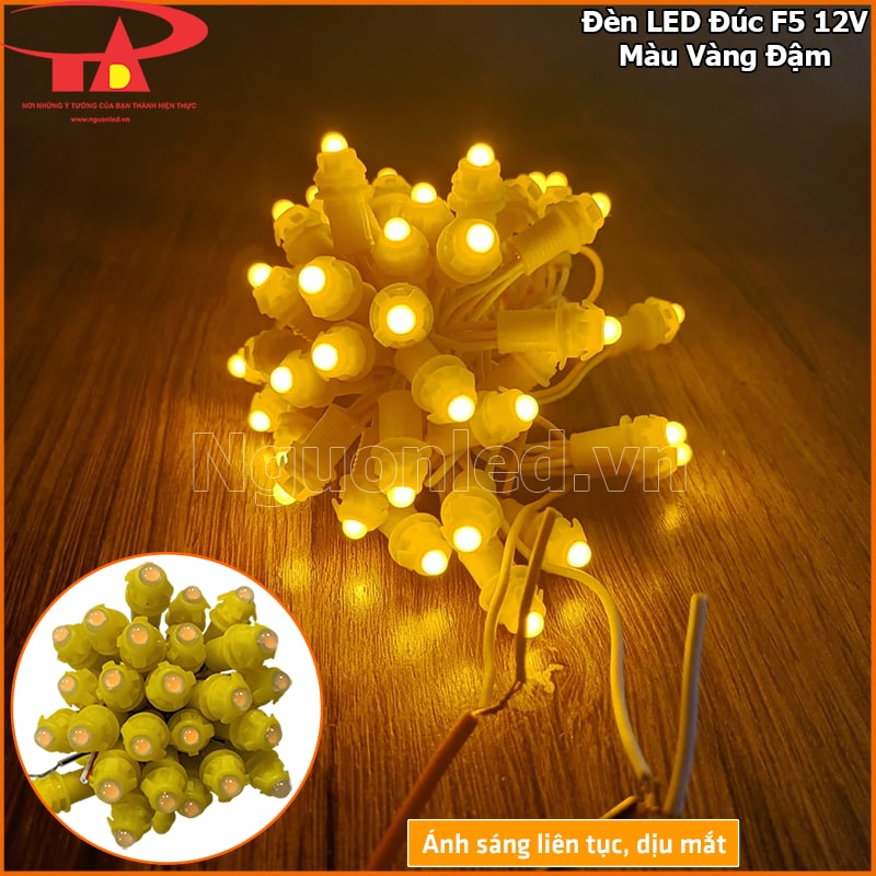Bó led đúc f5 12v vàng đậm đang sáng và chưa sáng
