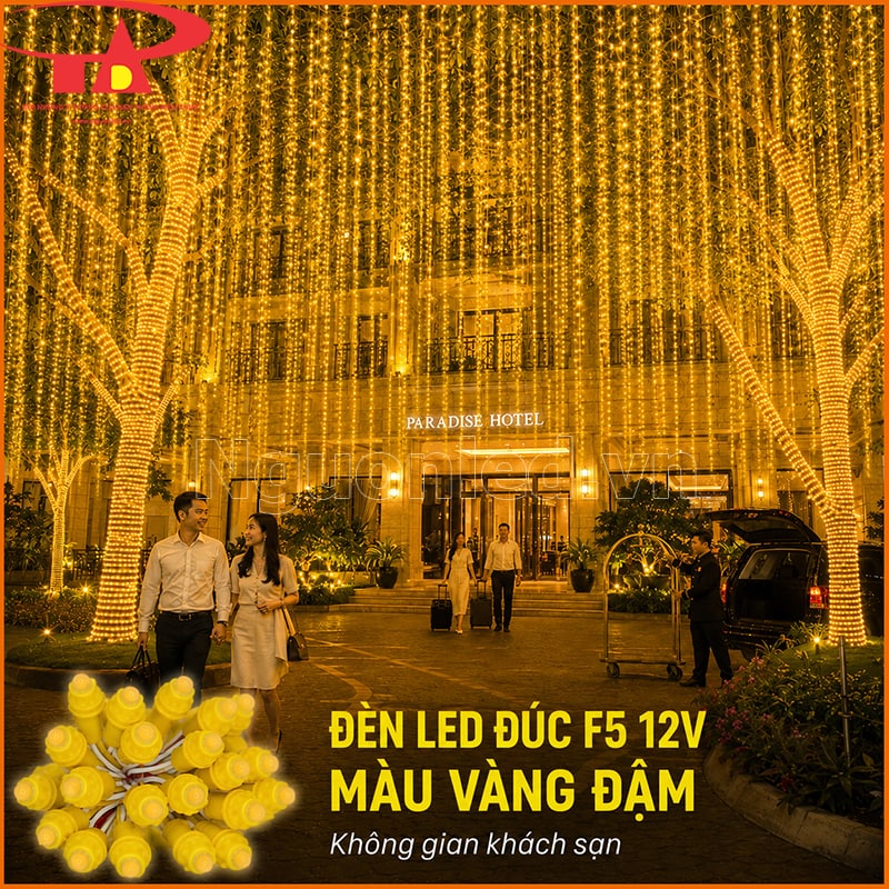 Đèn LED đúc F5 12V màu vàng đậm trang trí hàng cây trước sảnh khách sạn