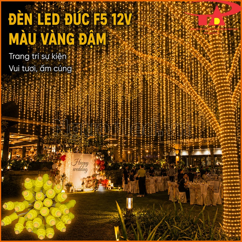 Đèn LED đúc F5 12V ánh sáng vàng đậm trang trí tiệc cưới và sự kiện sân vườn