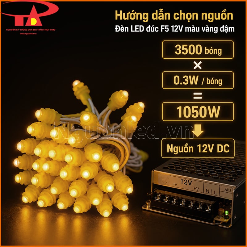 Đèn LED đúc F5 12V màu vàng đậm minh họa 3500 bóng x 0.3W bằng 1050W