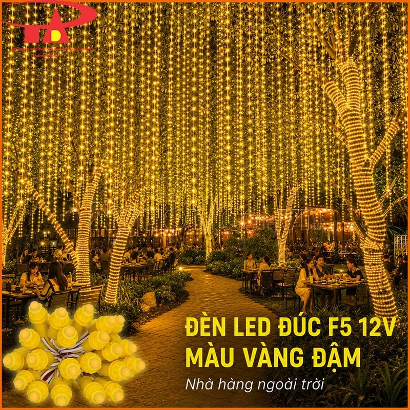 Dây LED đúc F5 12V màu vàng đậm trang trí hàng cây và lối đi nhà hàng ngoài trời