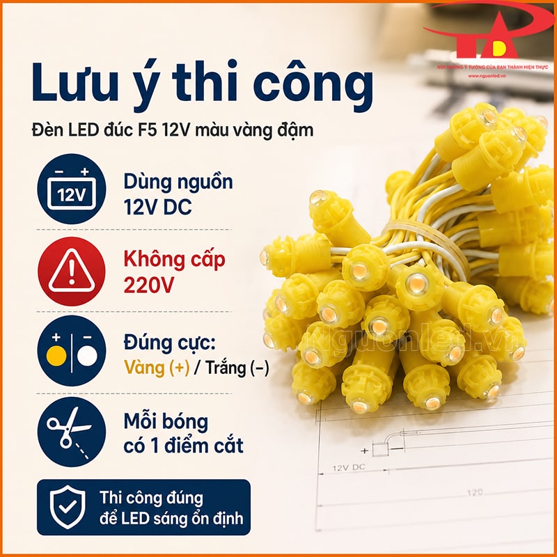  Đèn LED đúc F5 12V màu vàng đậm với lưu ý dùng nguồn 12V DC, đúng cực và không cấp 220V