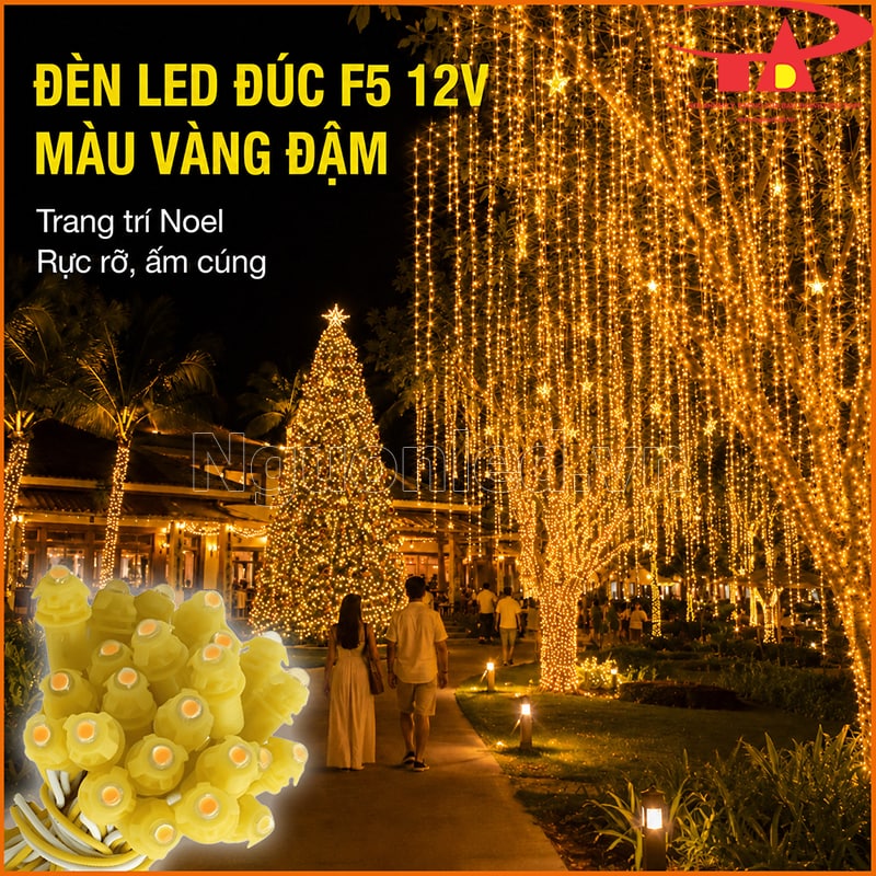 Đèn LED đúc F5 12V màu vàng đậm trang trí cây thông Noel và hàng cây sân vườn