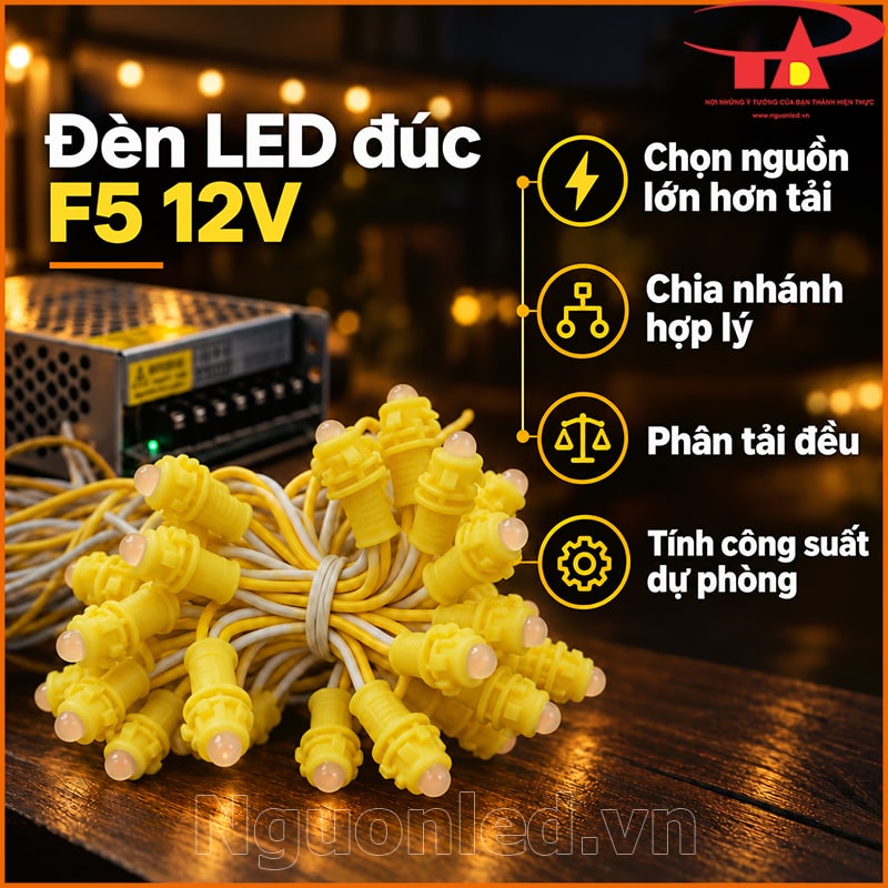 Bó led đúc f5 12v vàng đậm và 4 icon chọn nguồn