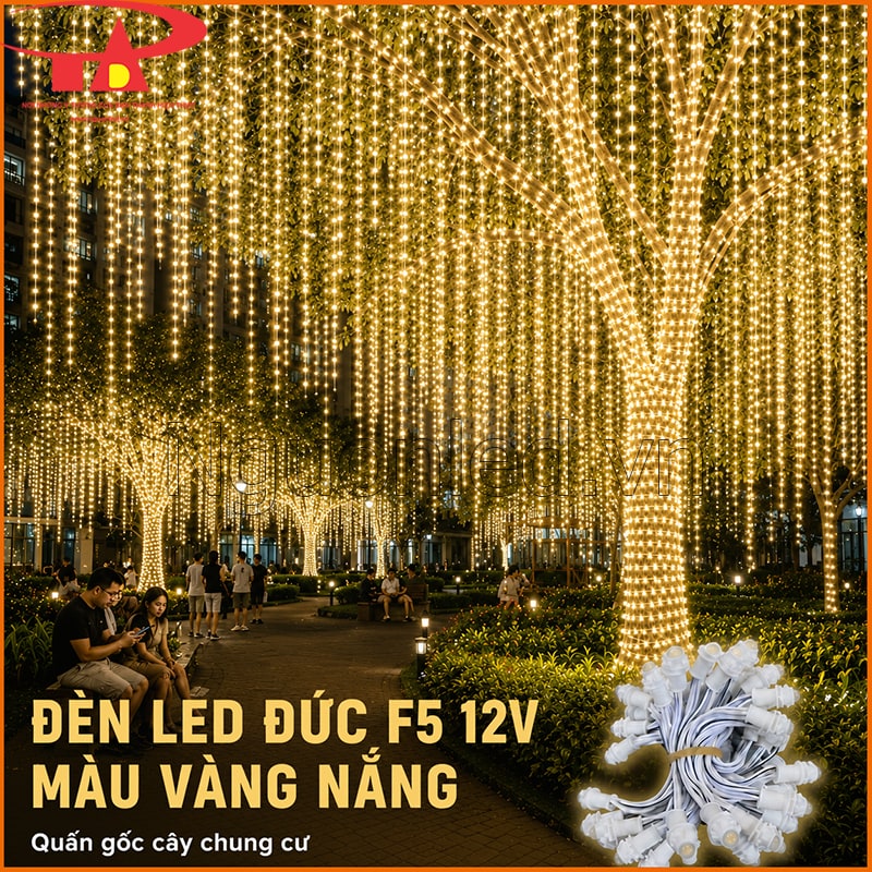 Đèn LED đúc F5 12V màu vàng nắng quấn cây và thả rèm sáng trong khuôn viên chung cư