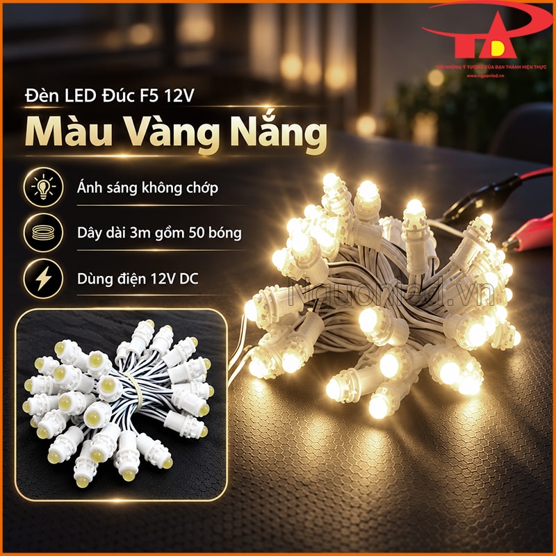 Bó LED đúc F5 12V màu vàng nắng đang sáng trên mặt bàn tối, kèm cận cảnh các bóng đầu đục khi chưa bật