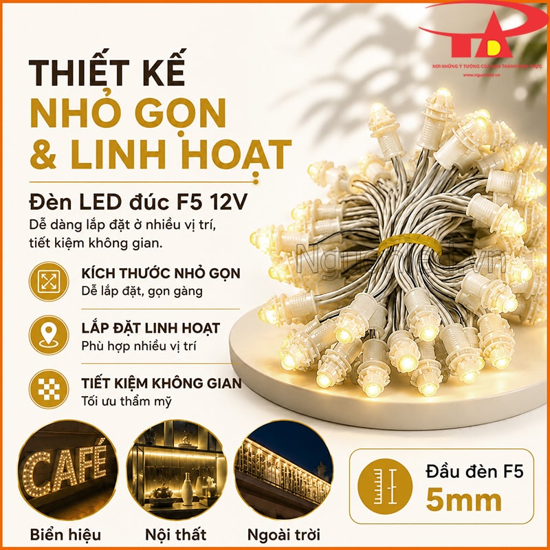 LED đúc F5 đế 9mm màu vàng nắng thiết kế nhỏ gọn, dễ lắp ở nhiều vị trí