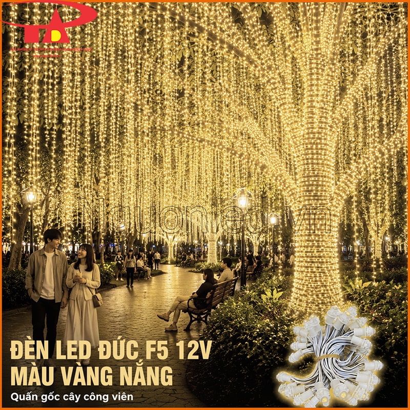 LED đúc F5 12V quấn cây màu vàng nắng trang trí lối dạo công viên ban đêm