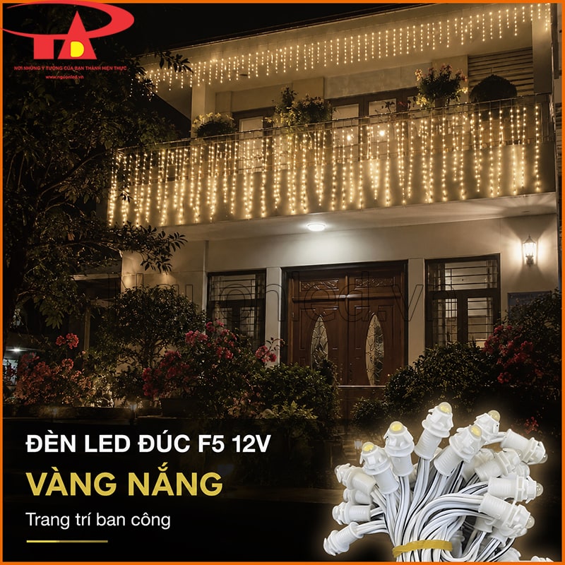 Đèn LED đúc F5 12V màu vàng nắng trang trí ban công nhà phố bằng rèm thả