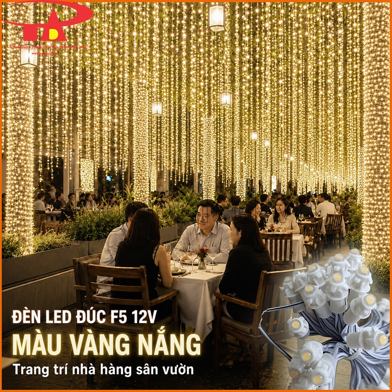 Dây LED đúc F5 12V màu vàng nắng trang trí hàng cây và khu bàn nhà hàng sân vườn  