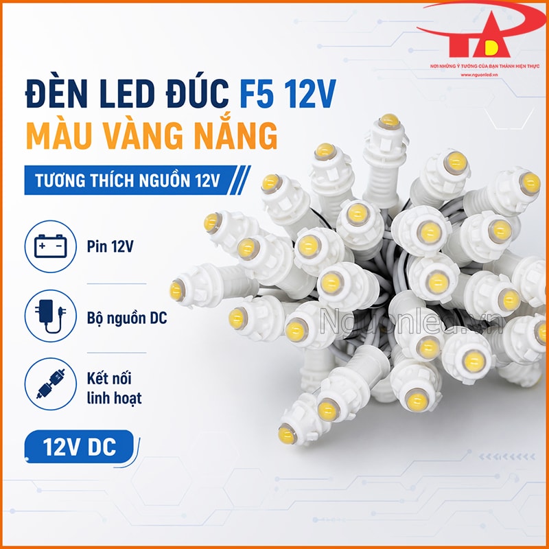 Đèn LED đúc F5 12V màu vàng nắng tương thích pin 12V và bộ nguồn DC