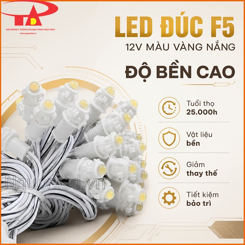 Đèn LED đúc F5 12V màu vàng nắng độ bền cao với tuổi thọ 25.000 giờ