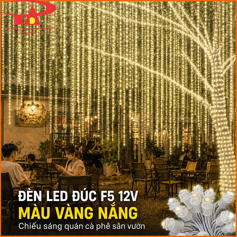 LED đúc F5 12V quấn cây màu vàng nắng trong quán cà phê sân vườn