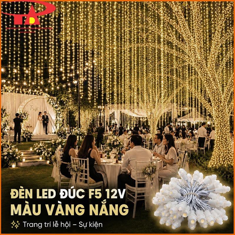 Dây LED đúc F5 12V màu vàng nắng trang trí lễ hội và sự kiện ngoài trời