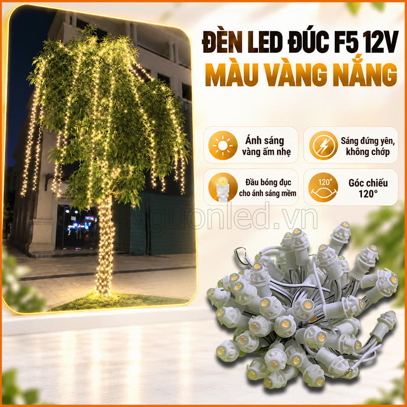 Bó led đúc f5 12v màu vàng nắng treo cây trang trí ngoài trời