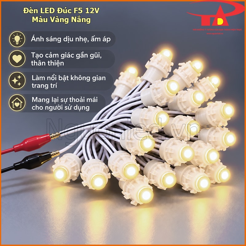 Bó đèn LED đúc F5 màu vàng nắng bật sáng trên nền xám, các bóng đầu đục tỏa ánh vàng ấm với dây điện hai cực