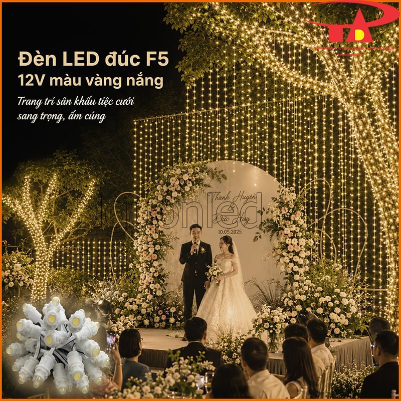 Đèn LED đúc F5 12V màu vàng nắng trang trí sân khấu tiệc cưới ngoài trời