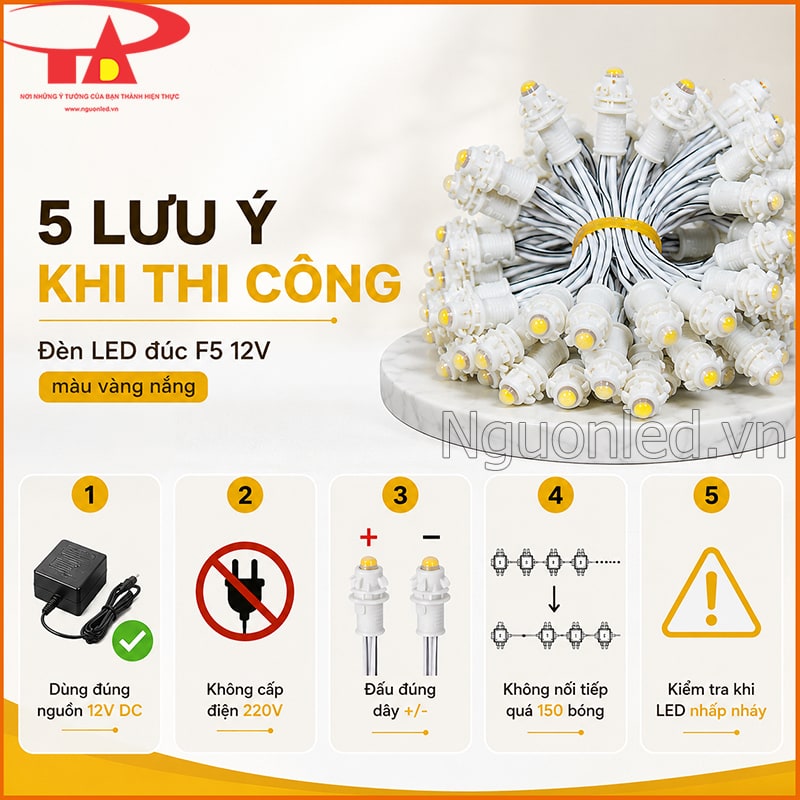 Đèn LED đúc F5 12V màu vàng nắng với 5 lưu ý dùng nguồn 12V, đúng cực và không cấp 220V