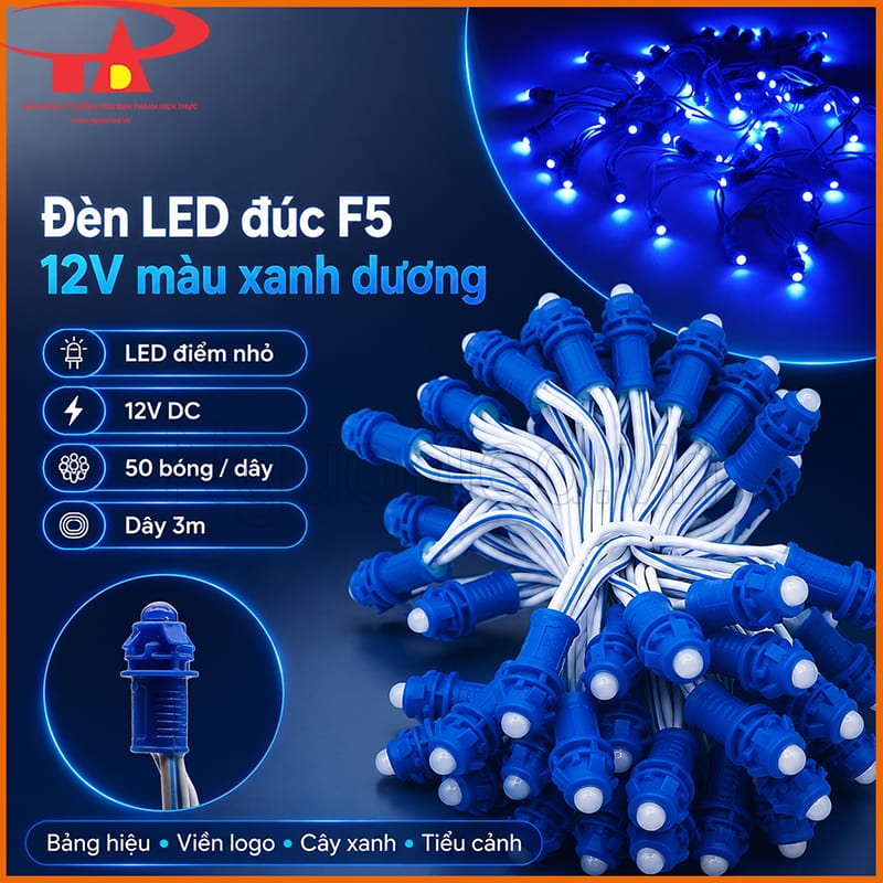 Đèn LED đúc F5 12V màu xanh dương đang phát sáng thành bó trên nền xám