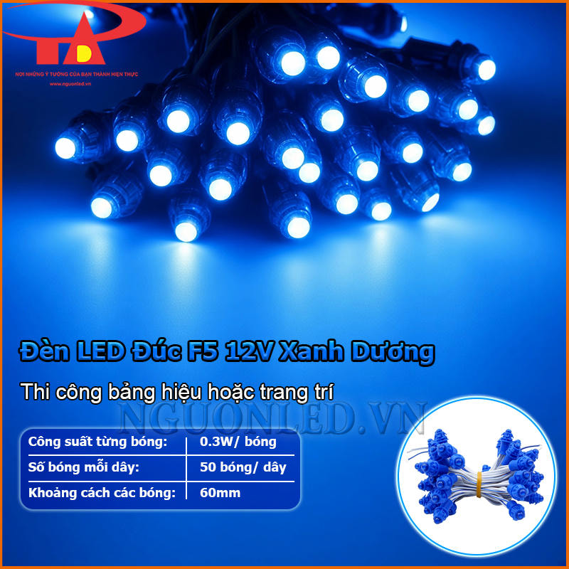 Đèn LED đúc F5 12V xanh dương dùng thi công bảng hiệu hoặc trang trí