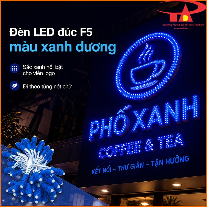 Đèn LED đúc F5 màu xanh dương dùng cho bảng hiệu, chữ nổi và viền logo quán phở