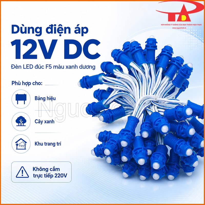 Đèn LED đúc xanh dương 12V dùng nguồn 12V DC cho bảng hiệu, cây xanh và khu trang trí