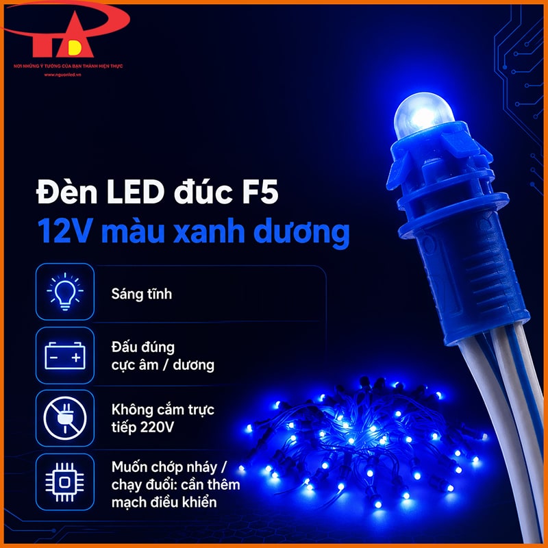 Đèn LED đúc F5 12V màu xanh dương sáng tĩnh, đấu đúng cực và không cắm 220V