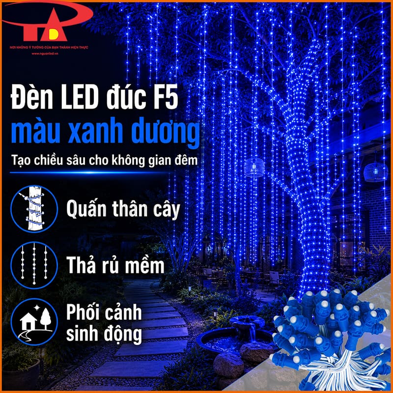 Dây LED đúc 12V xanh dương quấn thân cây và thả rủ mềm trong sân vườn