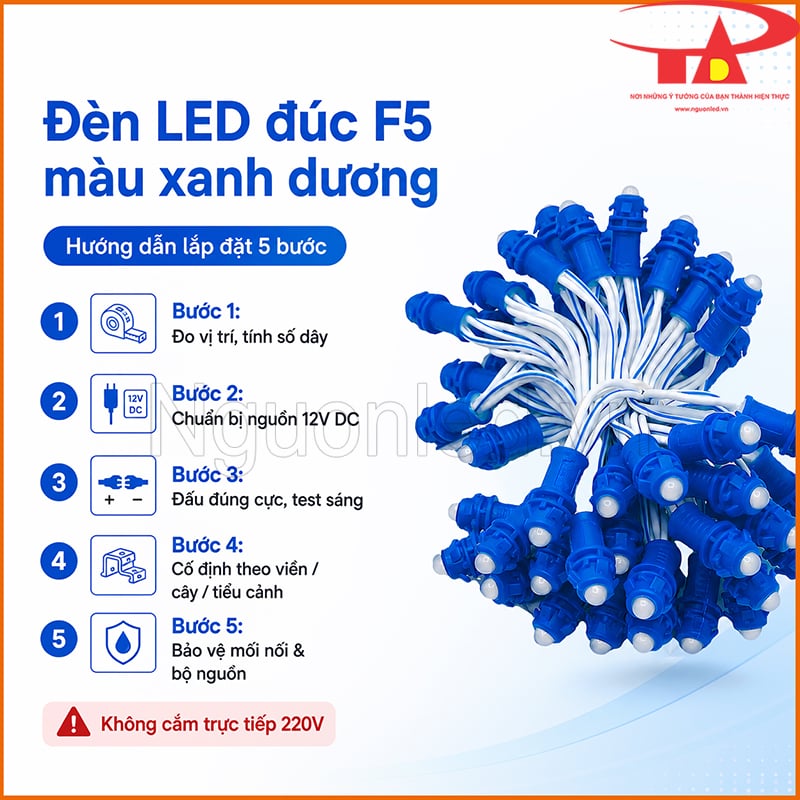 Đèn LED đúc F5 màu xanh dương với hướng dẫn lắp đặt 5 bước dùng nguồn 12V DC