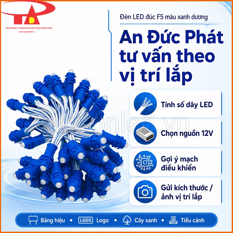 Đèn LED đúc F5 màu xanh dương được An Đức Phát tư vấn theo vị trí lắp