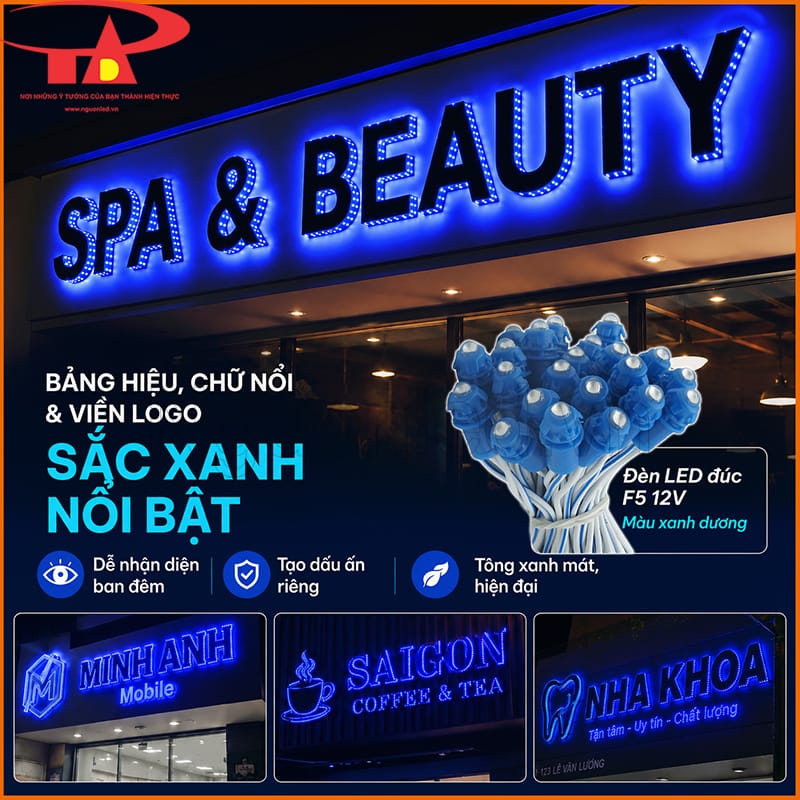LED đúc F5 12V màu xanh dương dùng làm bảng hiệu, chữ nổi và viền logo